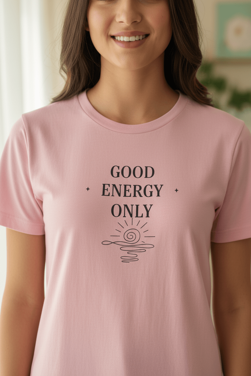 Pink crew-neck T-shirt with “GOOD ENERGY ONLY” graphic centered on the chest