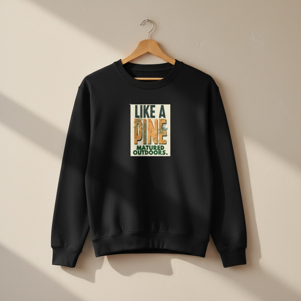 Black crewneck sweatshirt with front graphic print, hanging on a wooden hanger