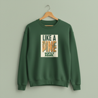 Dark green crewneck sweatshirt with front graphic print on a wooden hanger