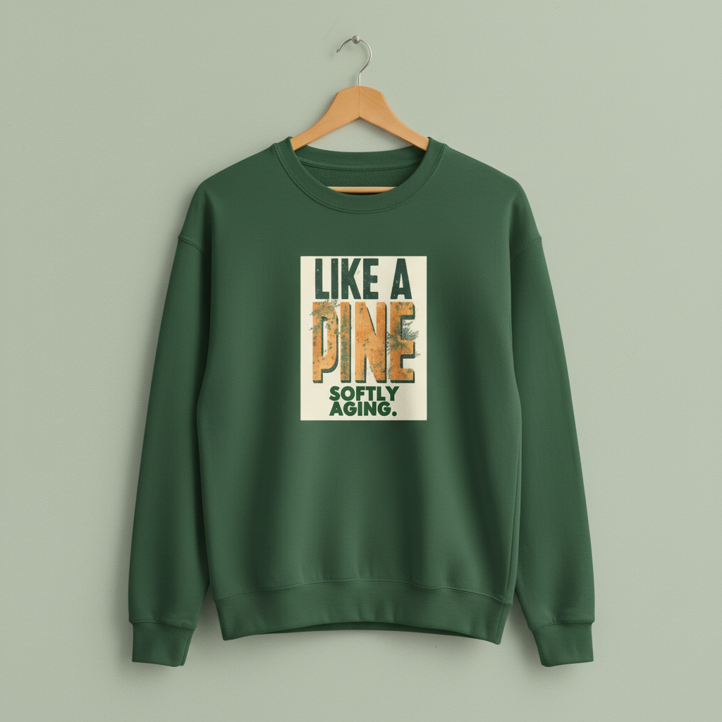 Dark green crewneck sweatshirt with front graphic print on a wooden hanger