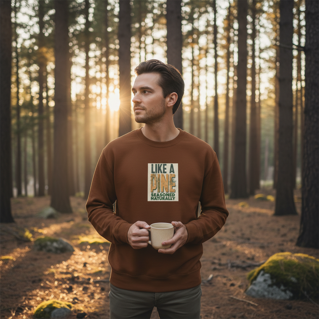 Brown crewneck sweatshirt with front graphic print, worn by a man