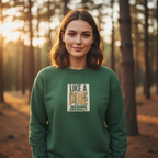 Green crewneck sweatshirt with front graphic logo, worn by a woman