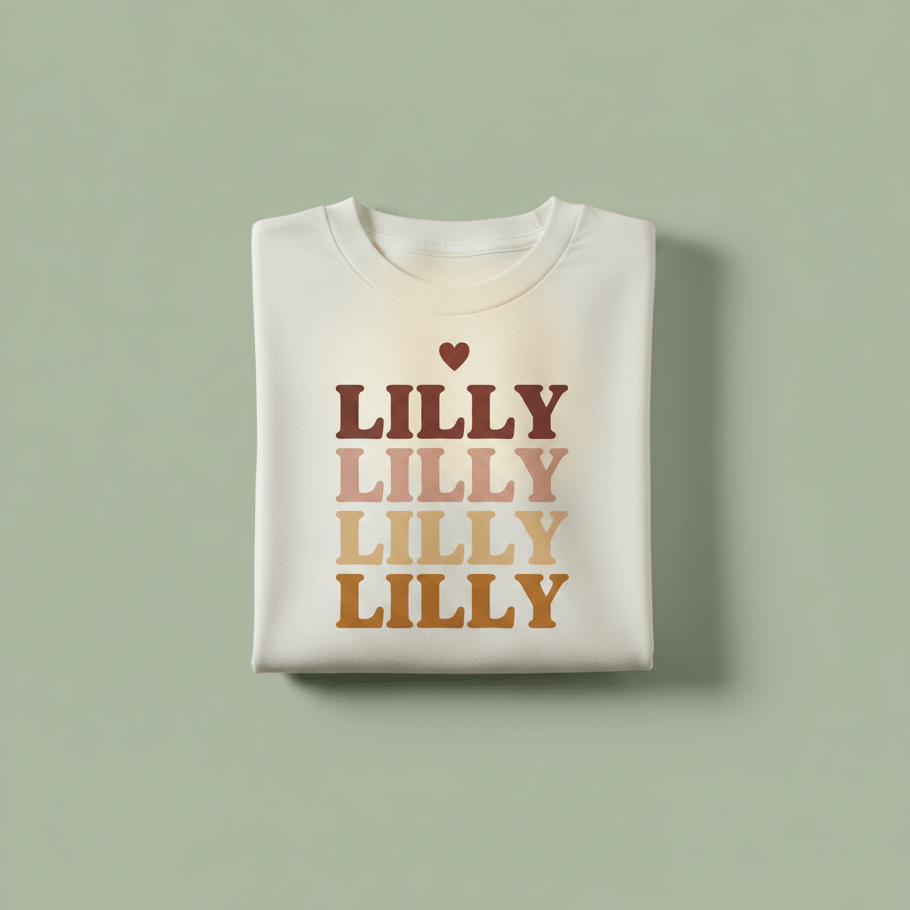White name stack T-shirt with LILLY text graphic in stacked rows and heart