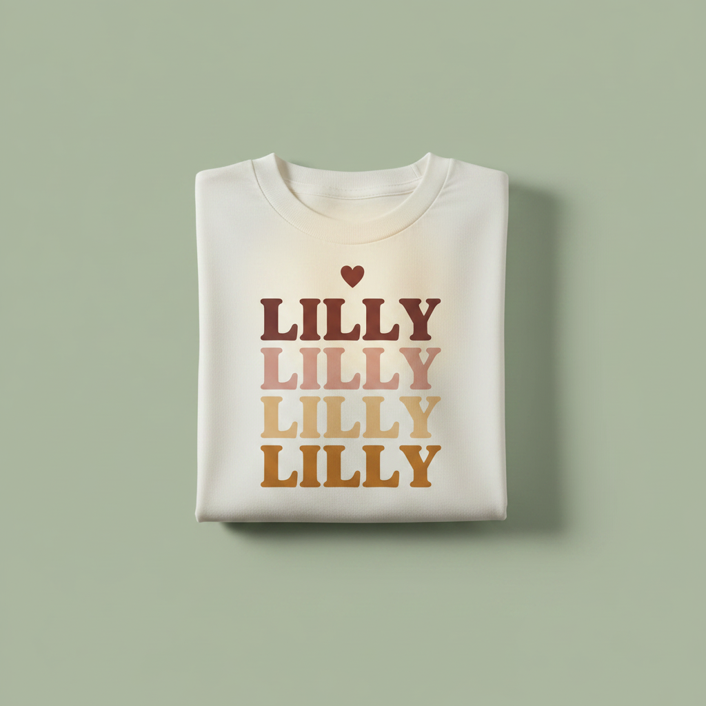 White name stack T-shirt with LILLY text graphic in stacked rows and heart