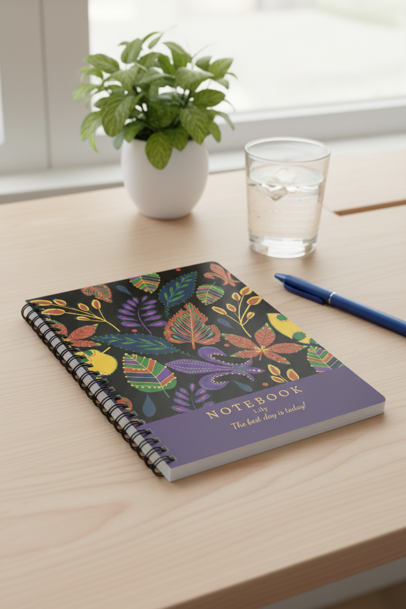 A5 leaf journal on desk with spiral binding, colorful cover, blue pen, and glass