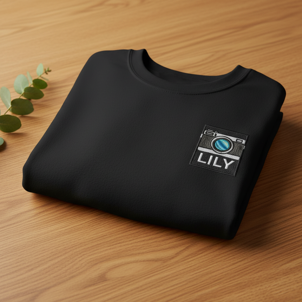 Black sweatshirt with embroidered camera patch and LILY name
