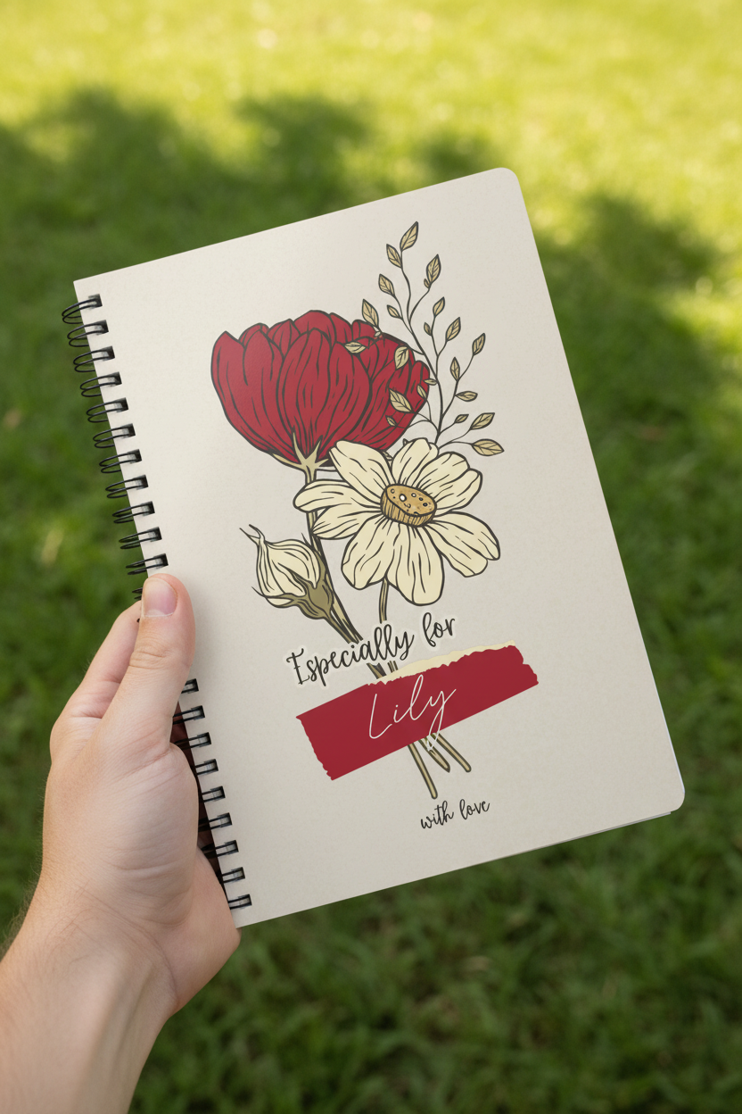 A5 floral journal notebook held by hand, beige cover with red flower and name label