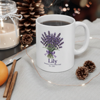 White ceramic mug with lavender bouquet graphic and name Lily