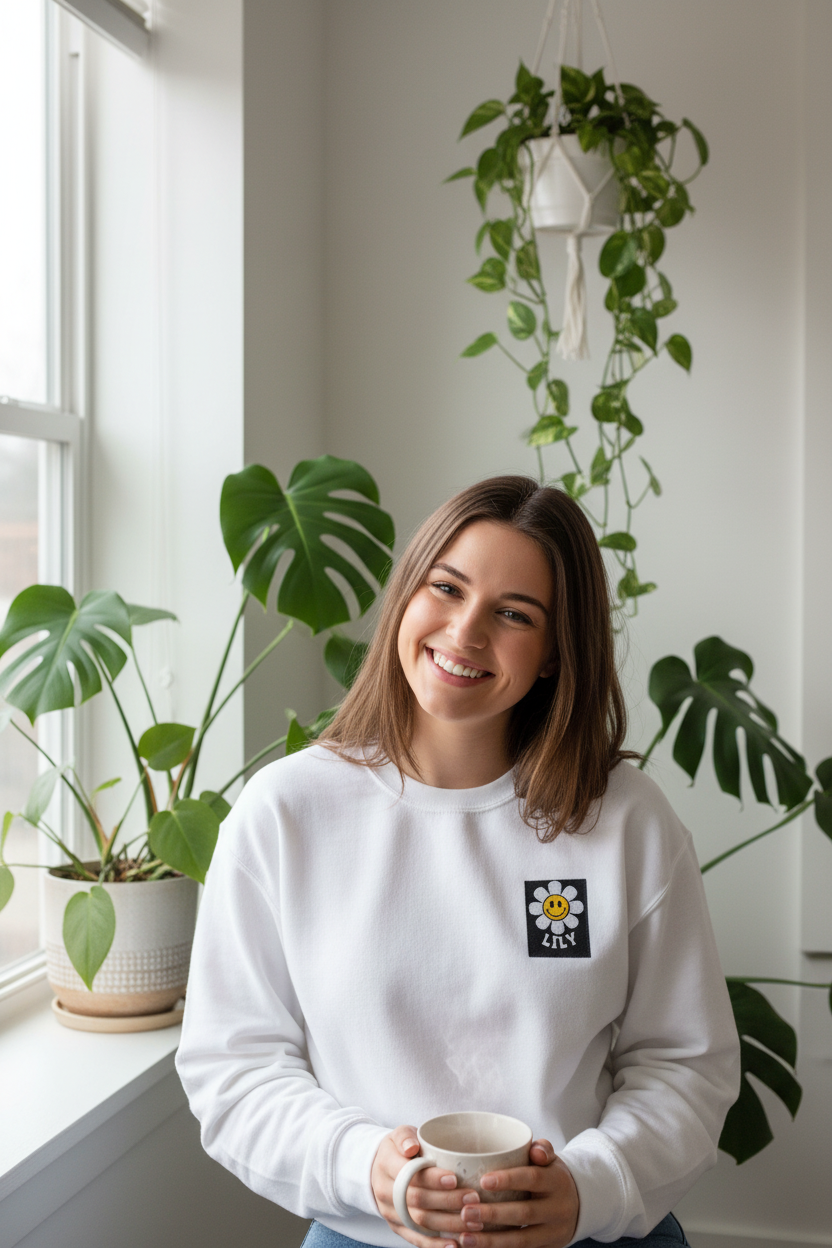 White sweatshirt with small embroidered flower smile patch on the chest, worn by a person
