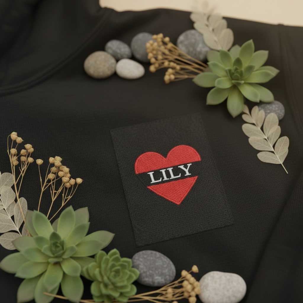 Black hoodie with red heart patch 'LILY' on the chest