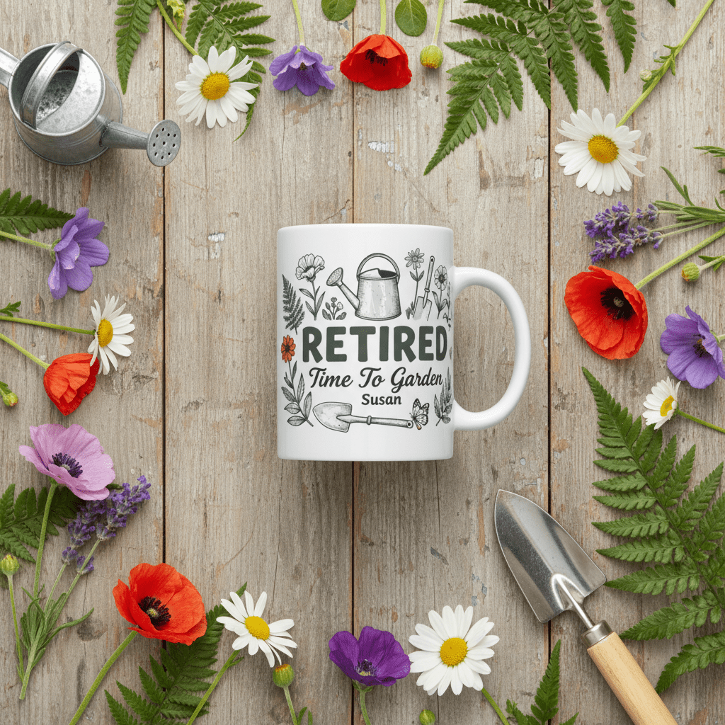 White ceramic Retired Time to Garden mug with watering can and flowers