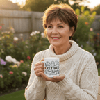 Retired Time to Garden mug with custom name held outdoors