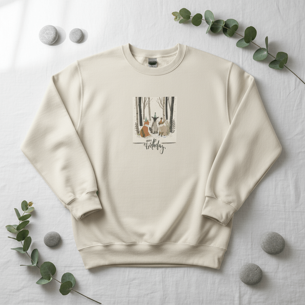 Cream crewneck sweatshirt with woodland animals birthday graphic, long sleeves
