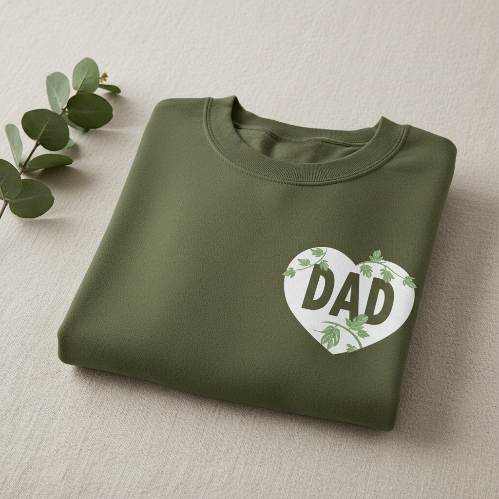 Sweatshirt, military green crewneck with DAD heart logo