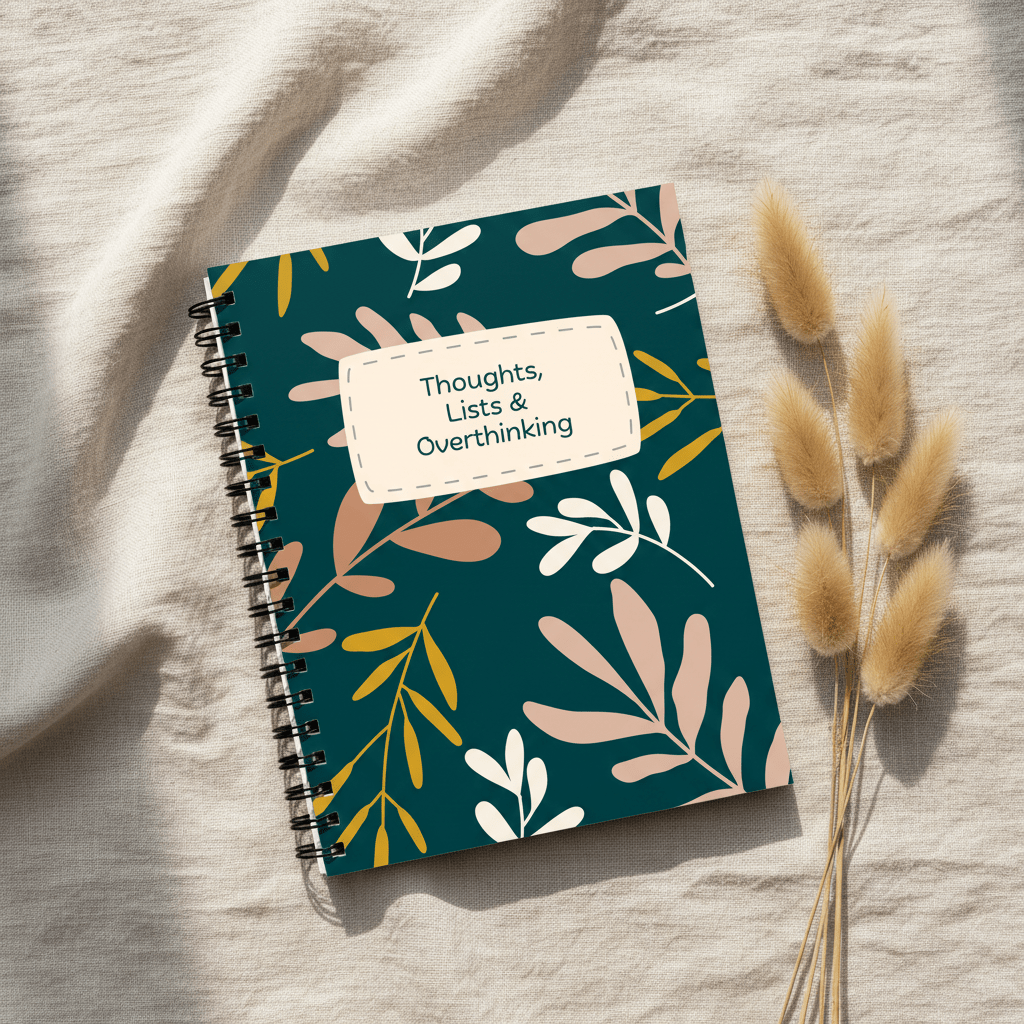 A5 spiral notebook with teal floral cover and beige label reading “Thoughts, Lists & Overthinking”.