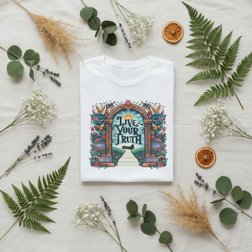 White graphic t-shirt with centered 'Live Your Truth' print, flat lay on light fabric