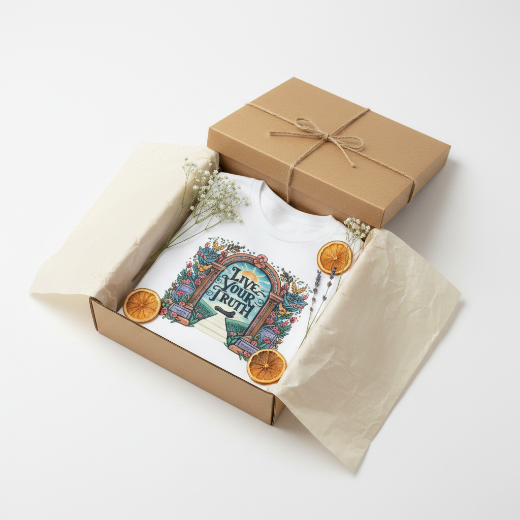 Graphic t-shirt with 'Live Your Truth' front print in a gift box with tissue paper