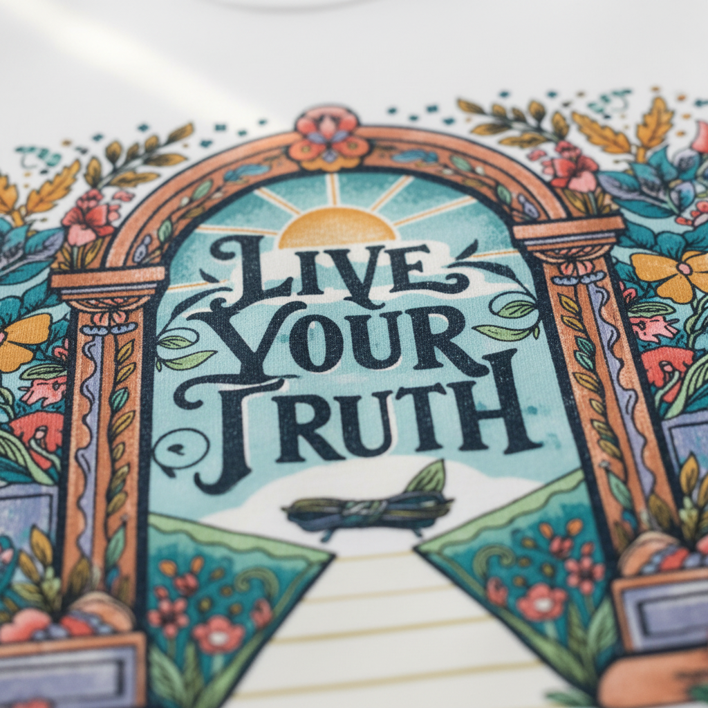 Close-up of colorful 'Live Your Truth' graphic t-shirt print with ornate frame