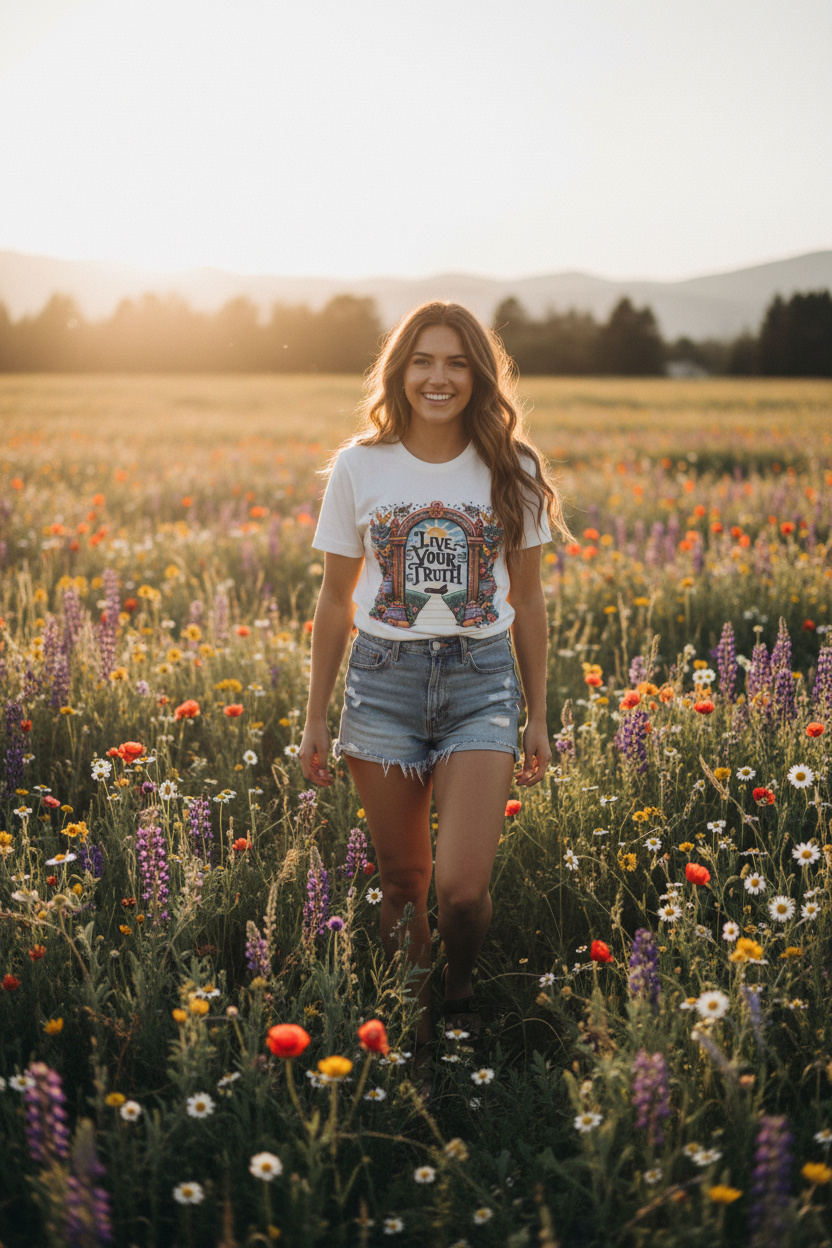 White graphic t-shirt with 'Live Your Truth' front print on a woman standing in a flower field