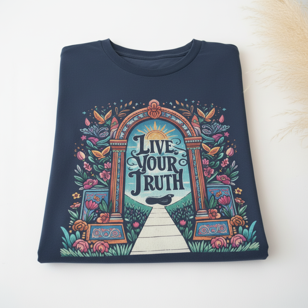 Folded navy graphic t-shirt with 'Live Your Truth' centered front print