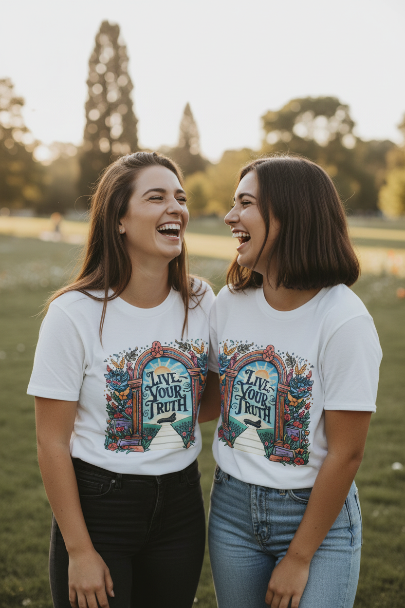 Two women wearing matching white graphic t-shirts with 'Live Your Truth' front prints