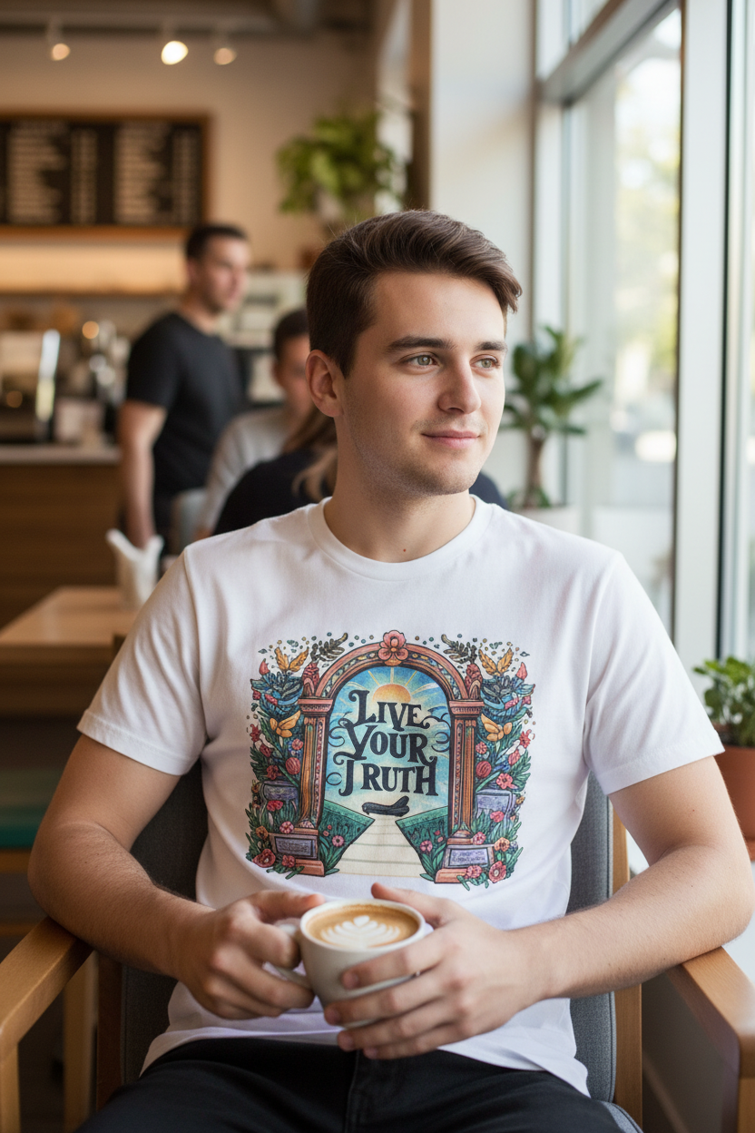 White graphic t-shirt with colorful 'Live Your Truth' front print, crew neck