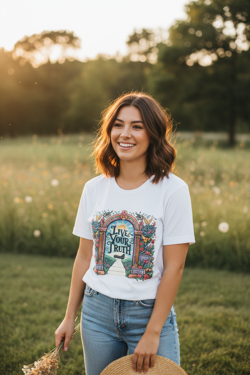 Graphic t-shirt worn by model: white short sleeves with multicolor arch front print.