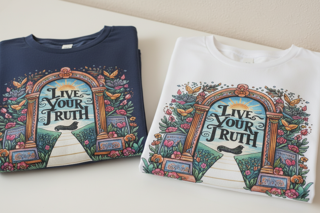 Graphic t-shirt pair: navy and white, both with multicolor arch front print and text.