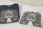 Graphic t-shirt pair: navy and white, both with multicolor arch front print and text.