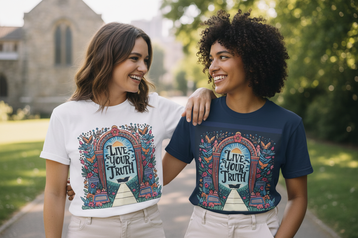 Two women wearing white and navy graphic t-shirts with 'Live Your Truth' front prints