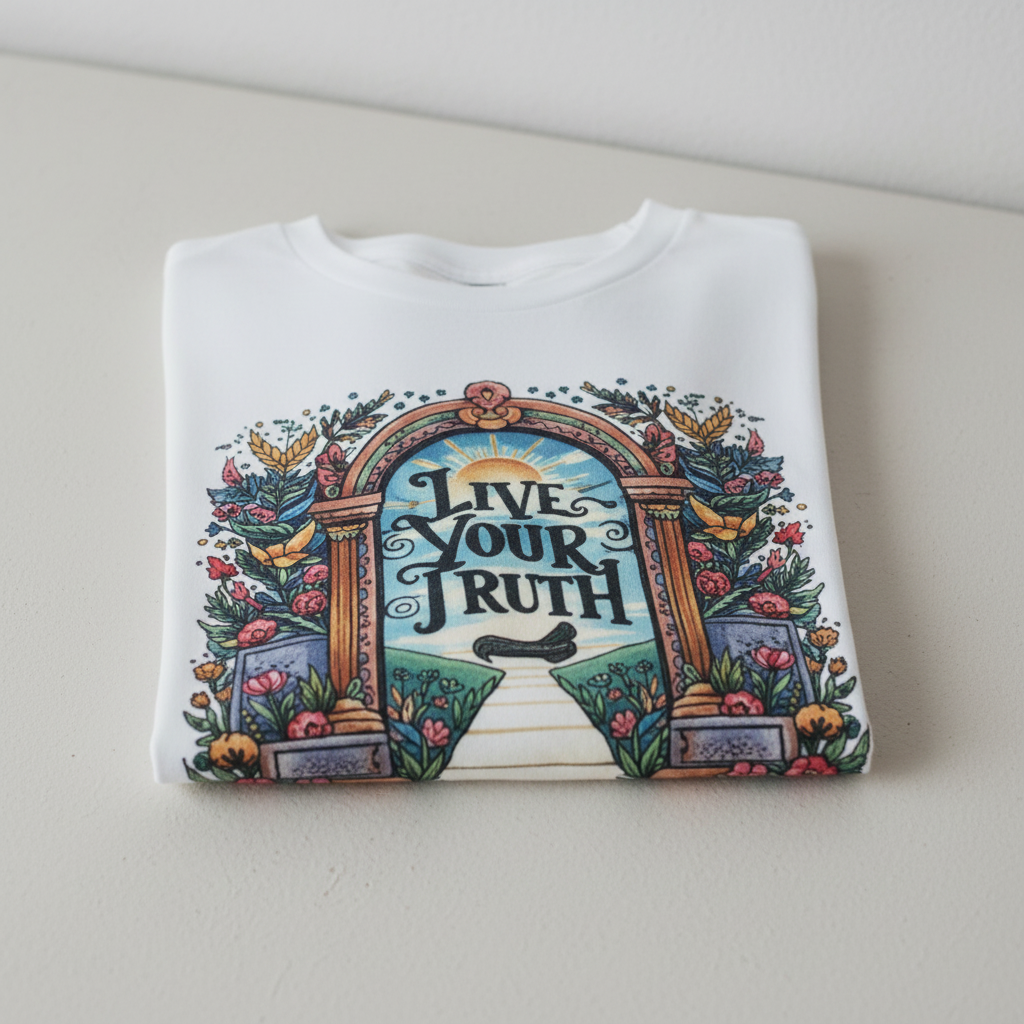 Graphic t-shirt with multicolor arch front print and script text, light-colored base.
