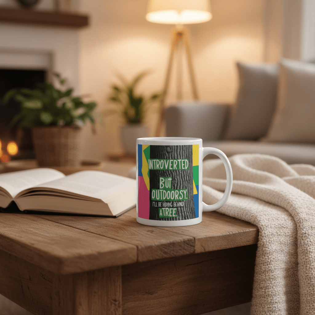 White ceramic mug with green and pink “Introverted but Outdoorsy” graphic and text.