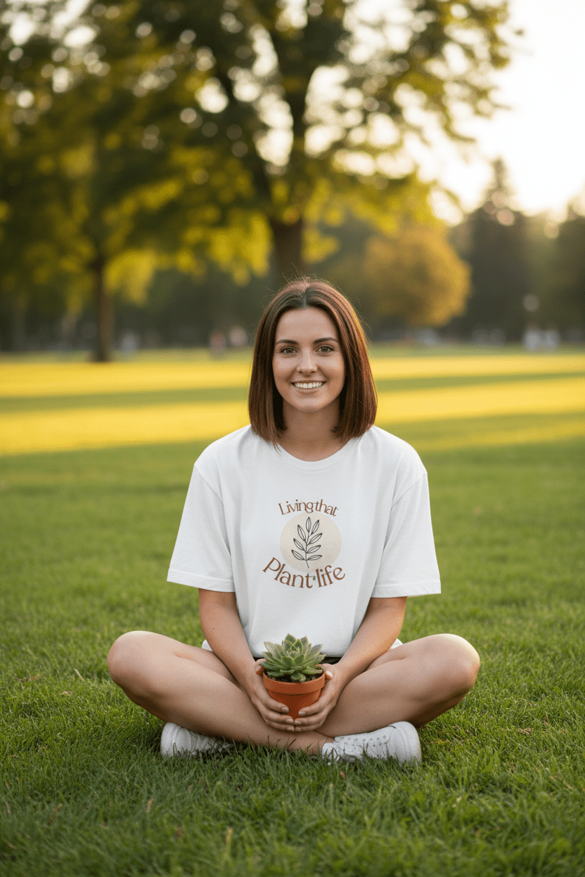 White graphic T-shirt with “Plant life” leaf design