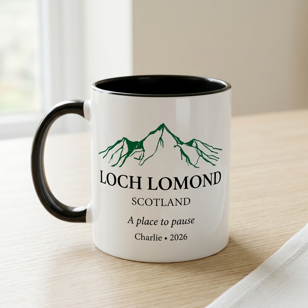 Loch Lomond mug with A place to pause and Charlie 2026 on a pale oak table