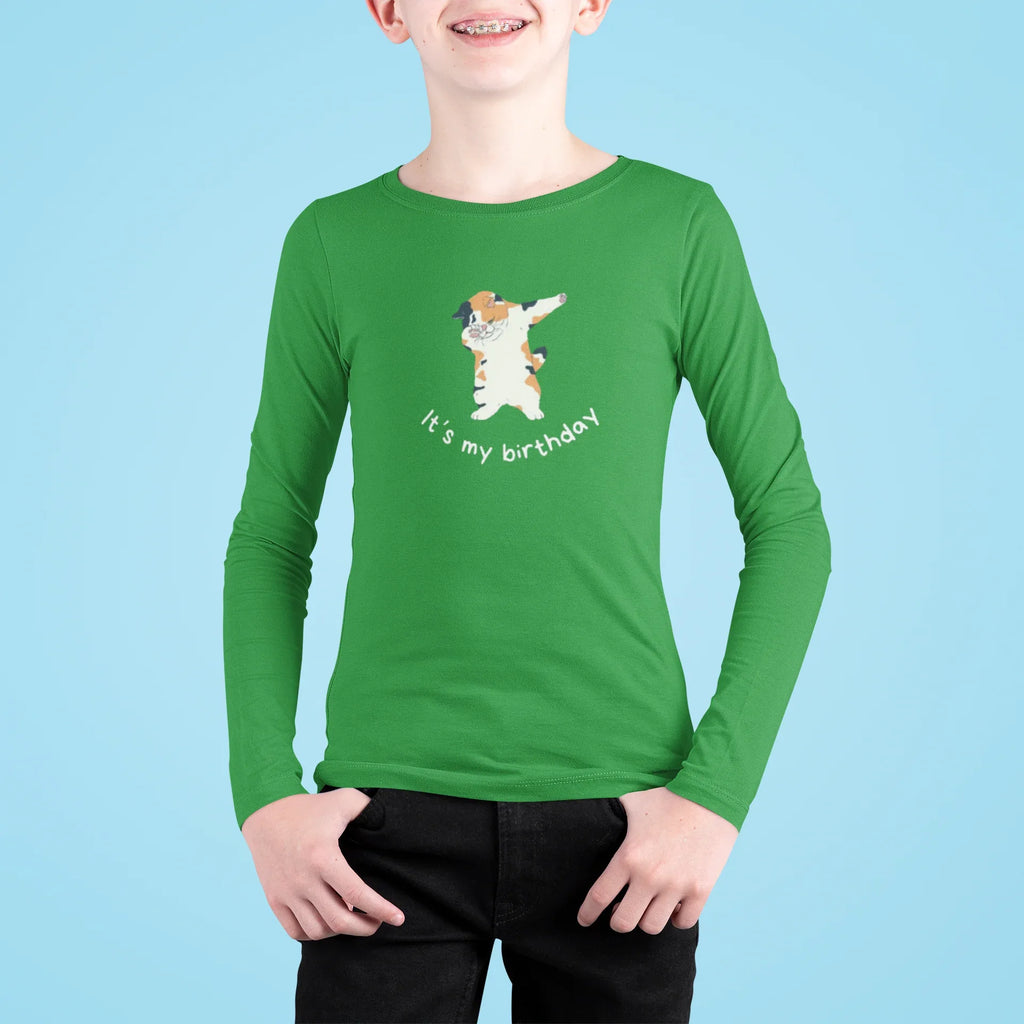 Kids sweatshirt, green long-sleeve with dabbing cat “It’s my birthday” graphic