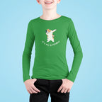 Kids sweatshirt, green long-sleeve with dabbing cat “It’s my birthday” graphic