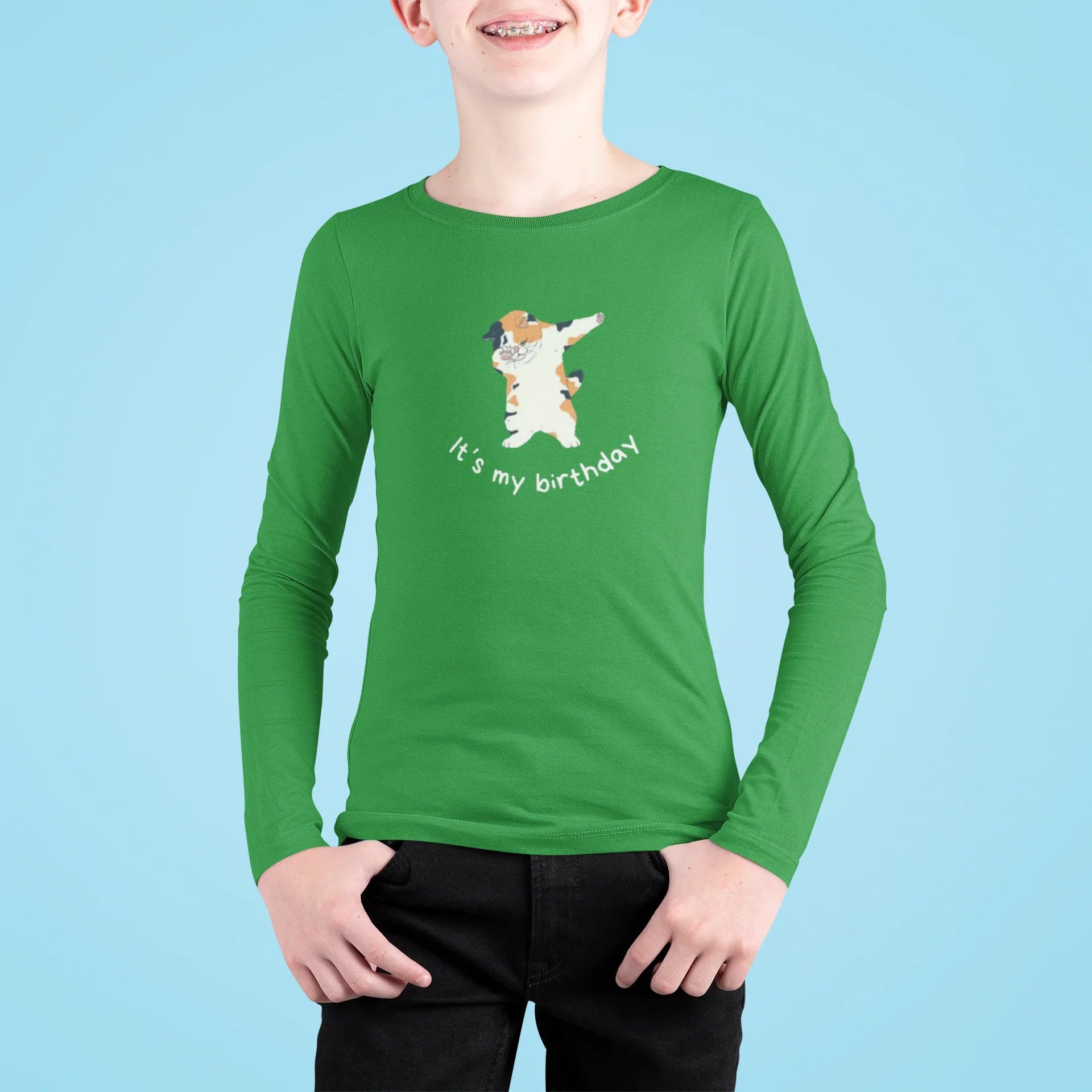 Kids sweatshirt, green long-sleeve with dabbing cat “It’s my birthday” graphic