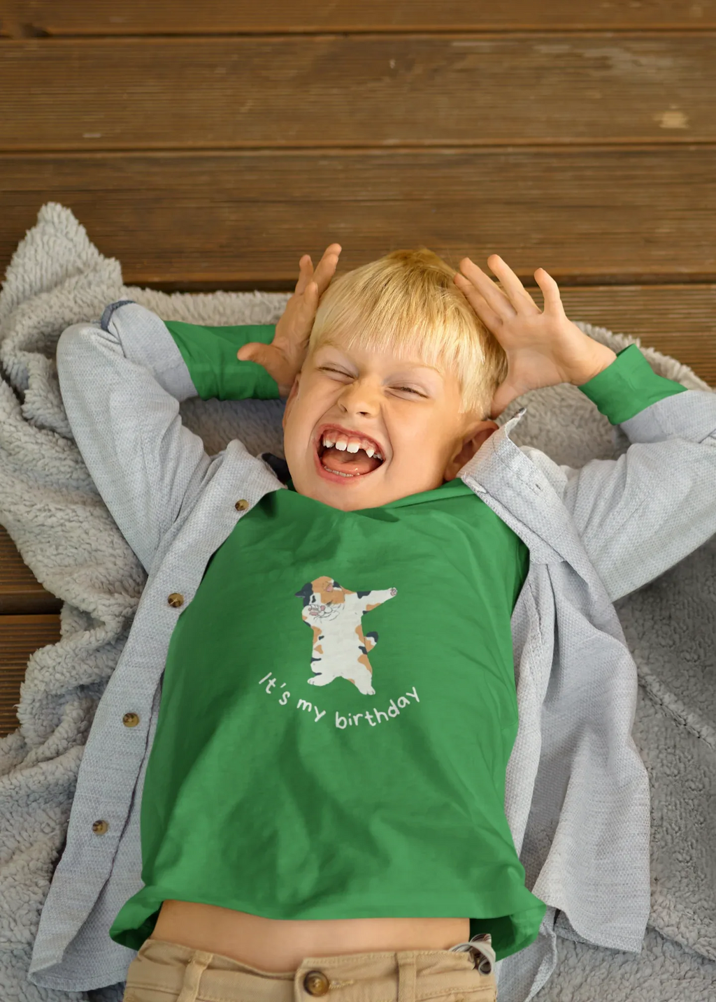 Kids sweatshirt, green with dabbing cat and “It’s my birthday” design