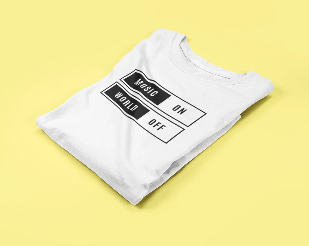 Folded white unisex graphic T-shirt with “MUSIC ON” and “WORLD OFF” box print