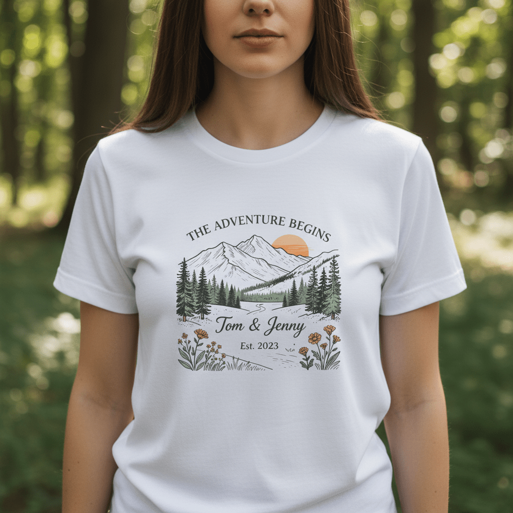 White couples T-shirt on model with mountain landscape print, floral frame, and “Tom & Jenny”