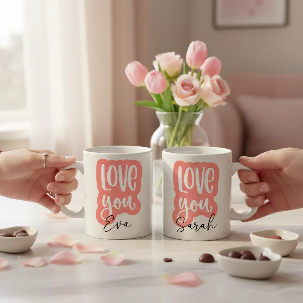 Pair of white personalised mugs with 'Love you' and names Eva and Sarah