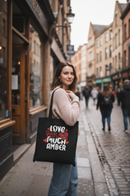 Black tote bag with “Love you much” heart print, name AMBER