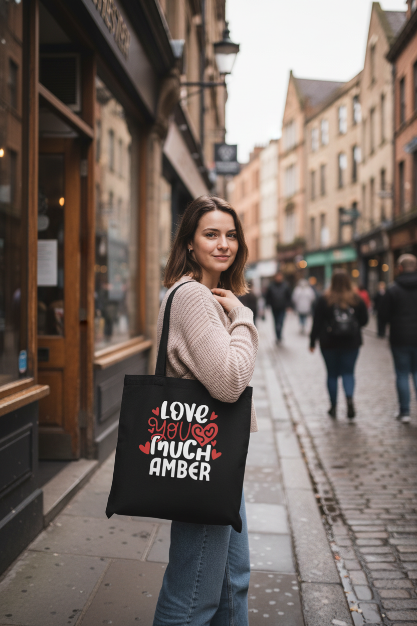 Black tote bag with “Love you much” heart print, name AMBER