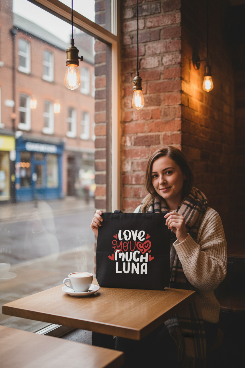 Personalised dark tote bag with 'Love you so much' and name LUNA