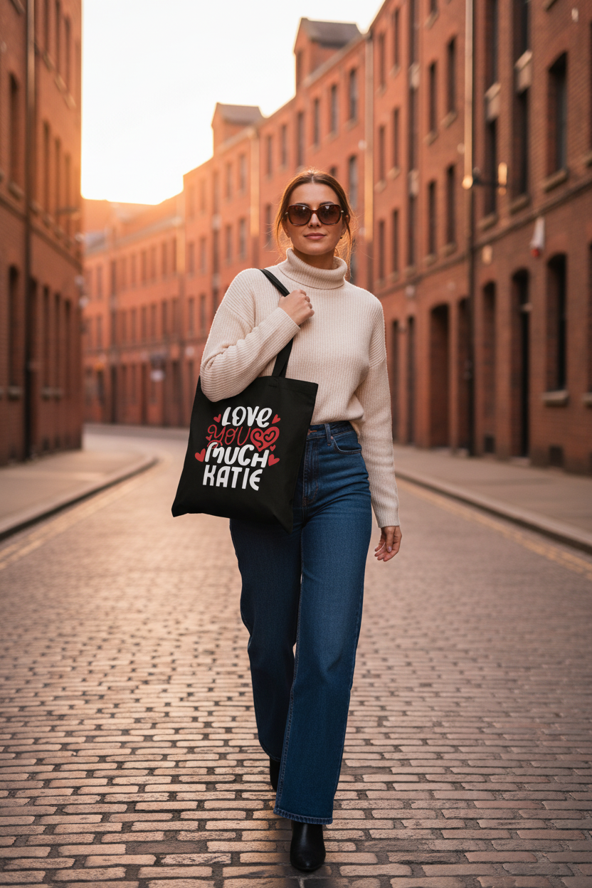 Personalised black tote bag with 'Love you so much' and name KATE