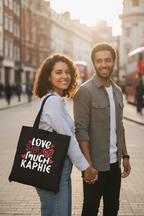 Dark tote bag with “Love you much” heart print and name KAPHIE
