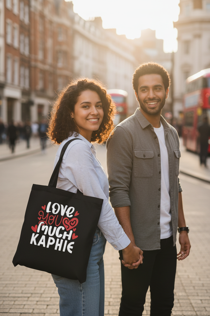 Dark tote bag with “Love you much” heart print and name KAPHIE