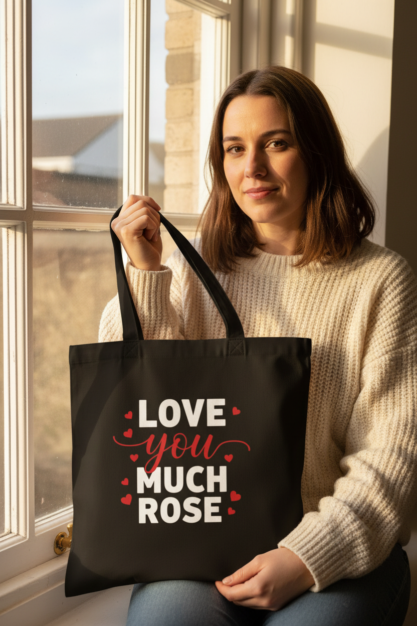 Black tote bag with “Love you much” print and heart accents, name ROSE