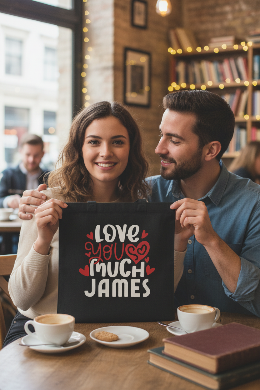 Dark tote bag with heart “Love you much” print and name JAMES