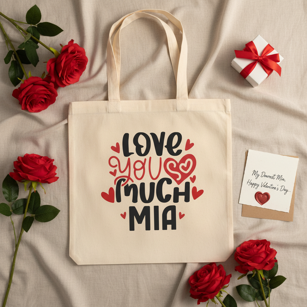 Beige tote bag with red and black “Love you much” print, name MIA